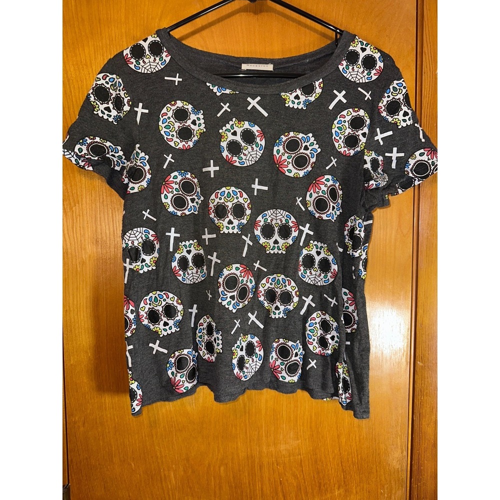 Occasion Day of the Dead Sugar Skull‎ and Cross Allover Print T Shirt Womens XL